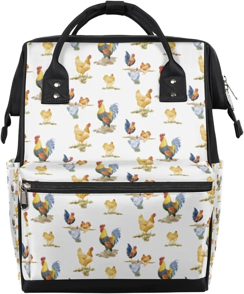 Farmhouse Roosters Diaper Bag Tote Large Capacity Waterproof with Adjustable Shoulder Strap and Pram Straps Mommy Bag for Hospital Beach Weekender Travel