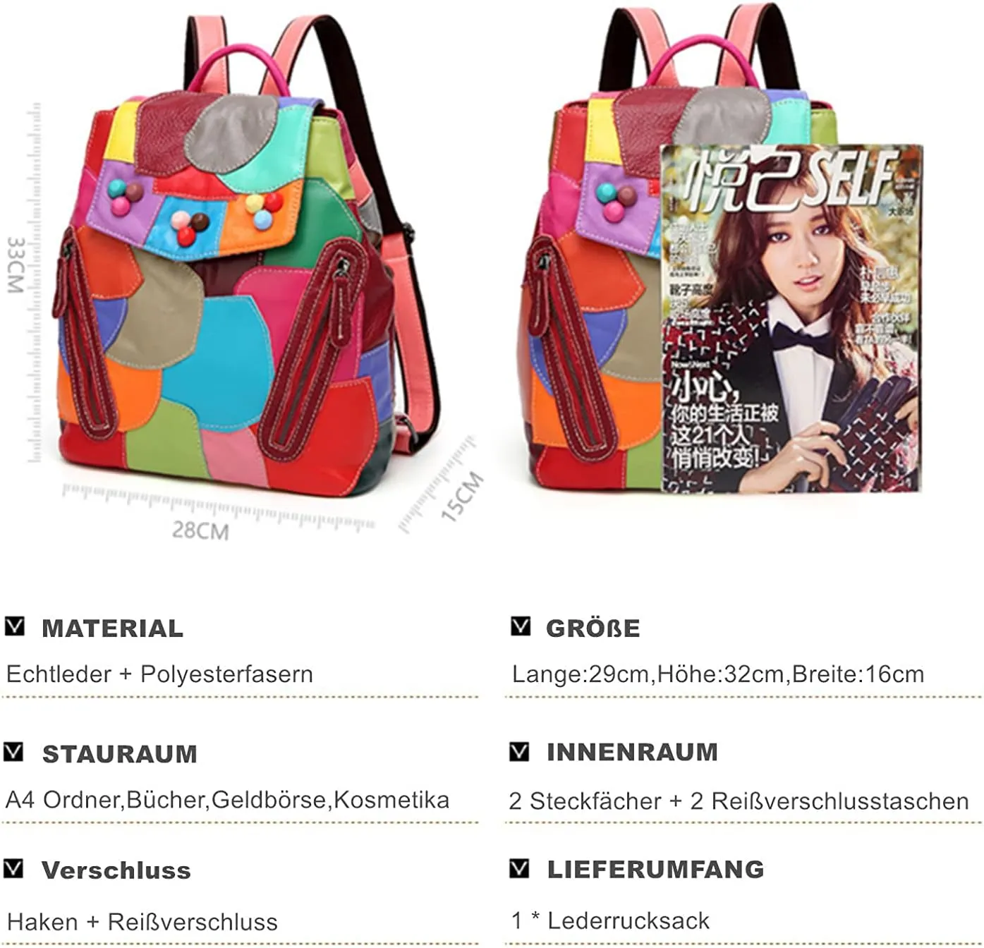 Fashion Backpack Women Leather Women's Daypack Multicolour, Multicolor 3, One Size