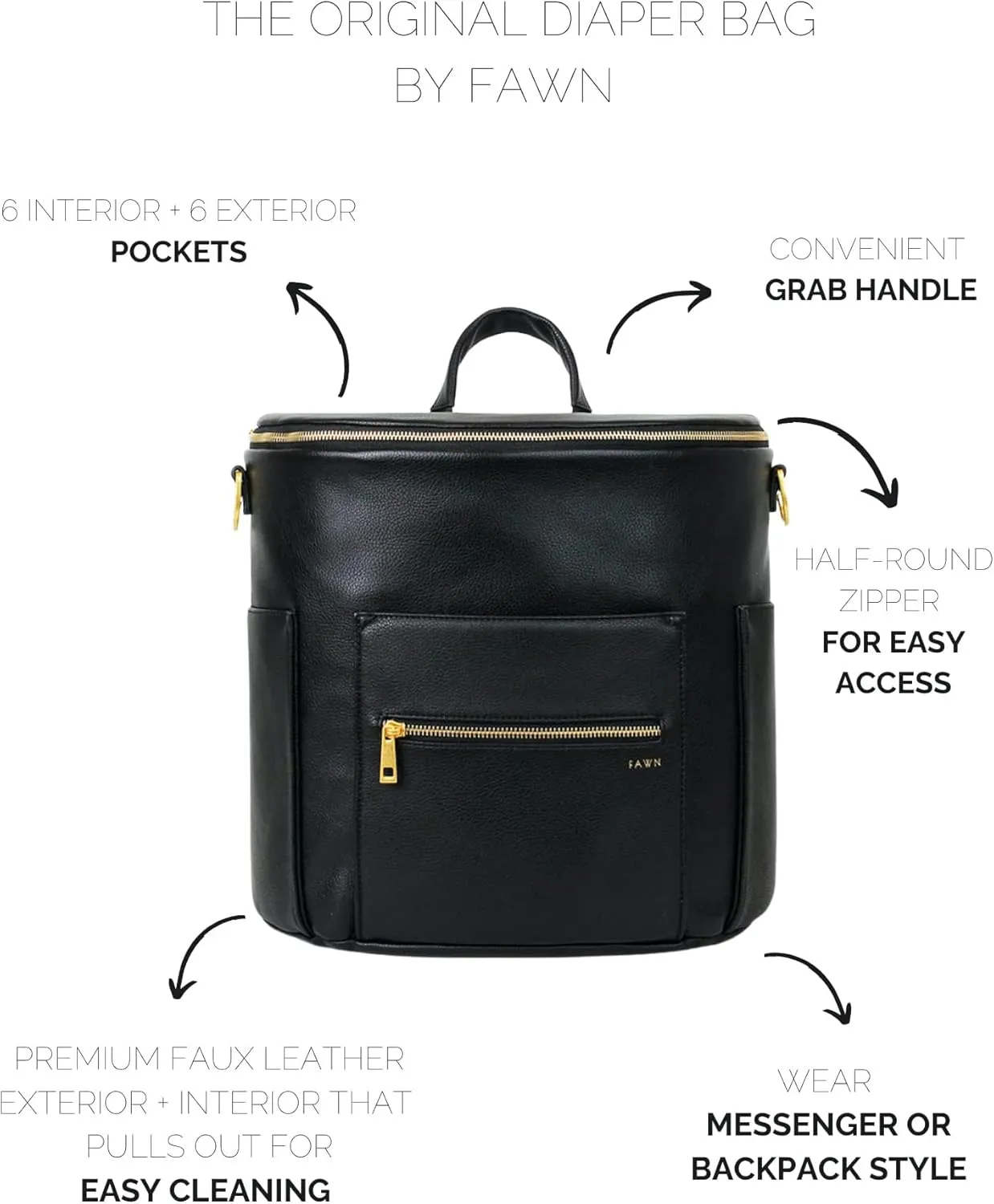 FAWN DESIGN The Original Diaper Bag, Faux Leather Diaper Bag Backpack, Vegan Leather, Large Capacity Baby Bag for Mom
