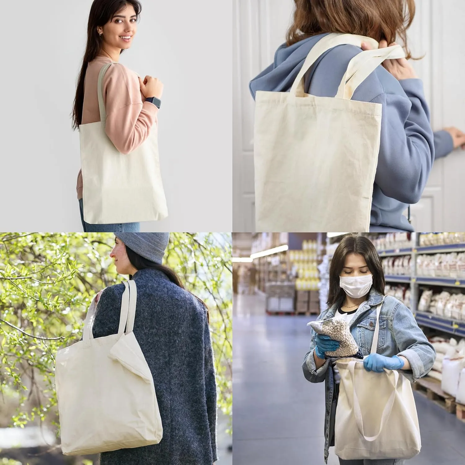 Faylapa 5 Pack Canvas Tote Bags,Heavy Duty Reusable Grocery Shopping Bag 13.6"x 15.3" Blank Cotton Bags for DIY (Beige)