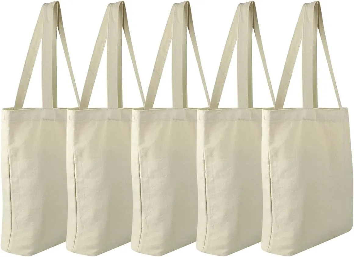 Faylapa 5 Pack Canvas Tote Bags,Heavy Duty Reusable Grocery Shopping Bag 13.6"x 15.3" Blank Cotton Bags for DIY (Beige)