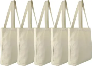 Faylapa 5 Pack Canvas Tote Bags,Heavy Duty Reusable Grocery Shopping Bag 13.6"x 15.3" Blank Cotton Bags for DIY (Beige)