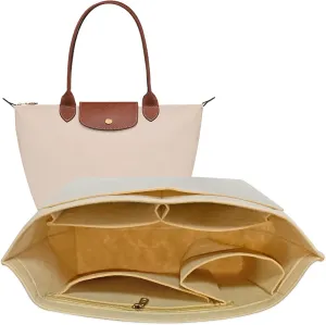 Felt Purse Organizer Insert for Longchamp Bag, Handbag Organizer Compatible with le pliage, Divider Pocket and Zipper Inner Bag Liner (Beige, Large)