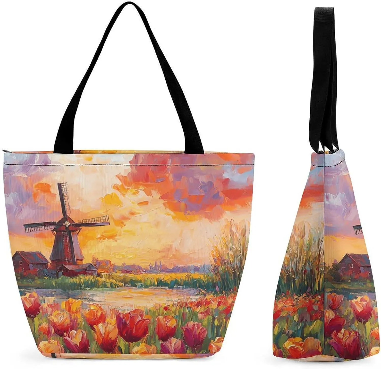 Field Of Tulips And Windmill Women's Shopping Grocery Tote Bag Handbags Large Shoulder Bags Work Business Travel