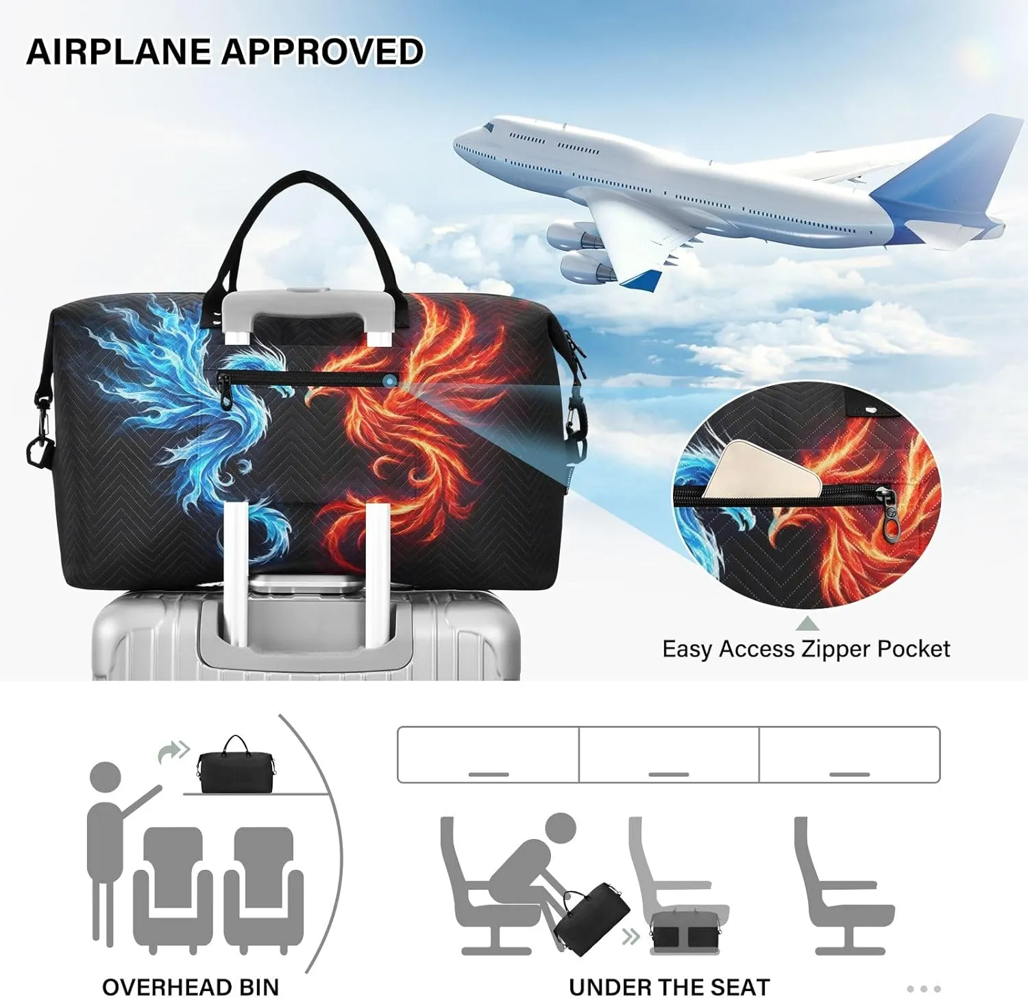 Fire Phoenix Travel Duffle Bag for Men Women Gym Bag with Storage Bag Weekender Bag Carry on Bags for Travel Trip Gym Yoga