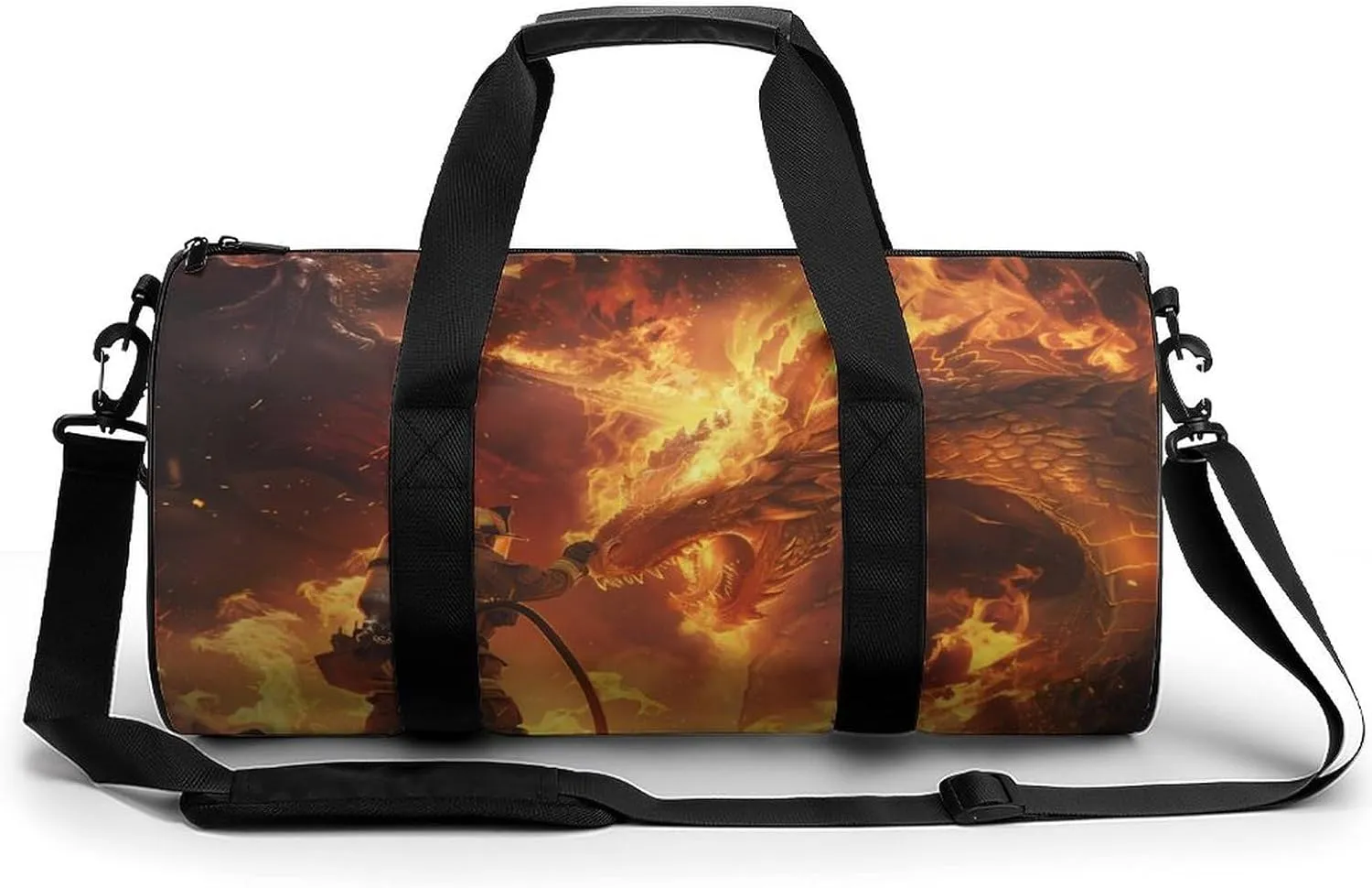 Firefighter Fighting Against Flames Dragon Round Barrel Gym Sport Bag Small Travel Duffel Bags Reusable Tote for Men Women