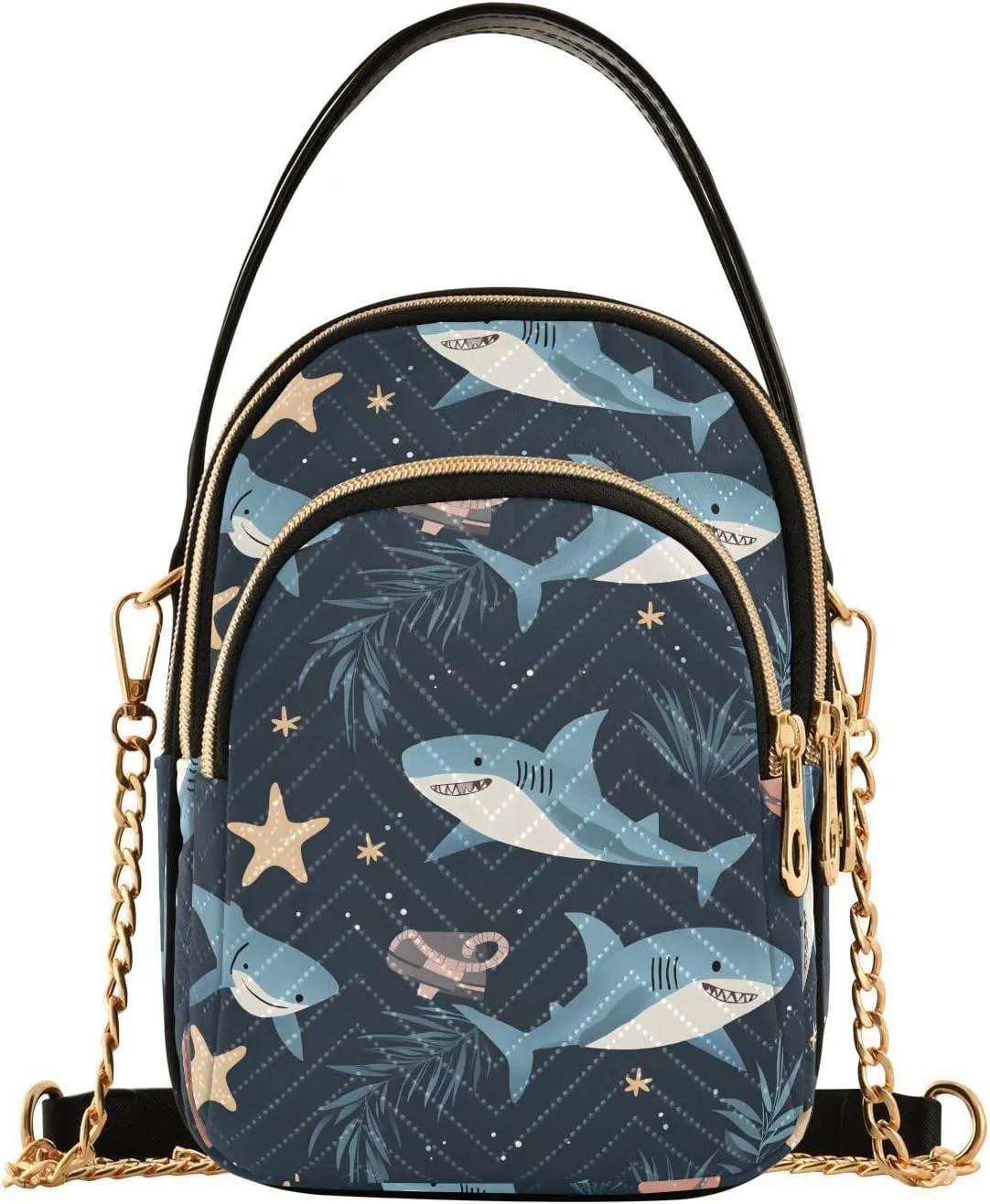 Fish and Starfish Motif Shoulder Handbag for Girls Stylish Crossbody Handbags with Detachable Chain Shoulder Strap