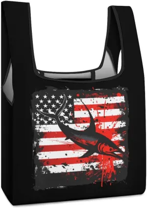 Fishing Marlin Swordfish Fish 4th of July American Flag USA Grocery Shopping Bags Foldable Tote Bags Casual Handbags Purses Work Bag for Women
