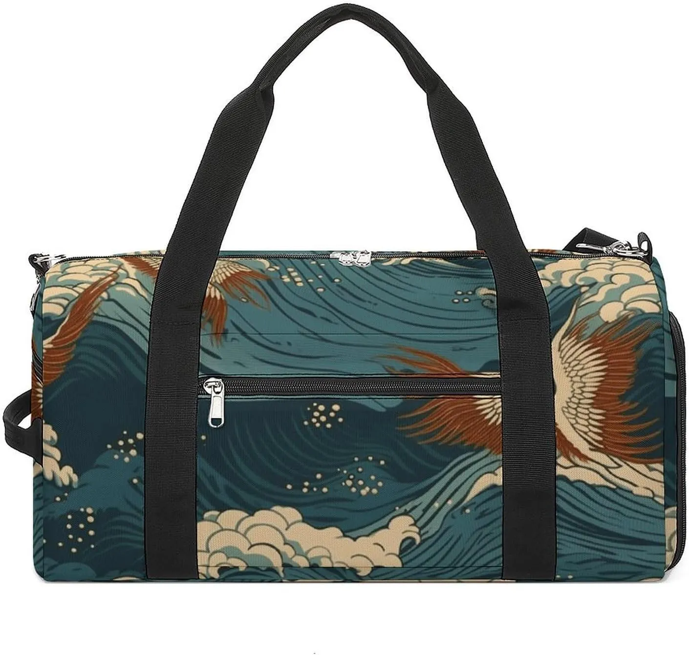 Fitness Bag, Japan Wave Wallpapers Print Reusable Gym Bag Sports Travel Fitness Bag Essentials Gym Bag with Shoe Compartment