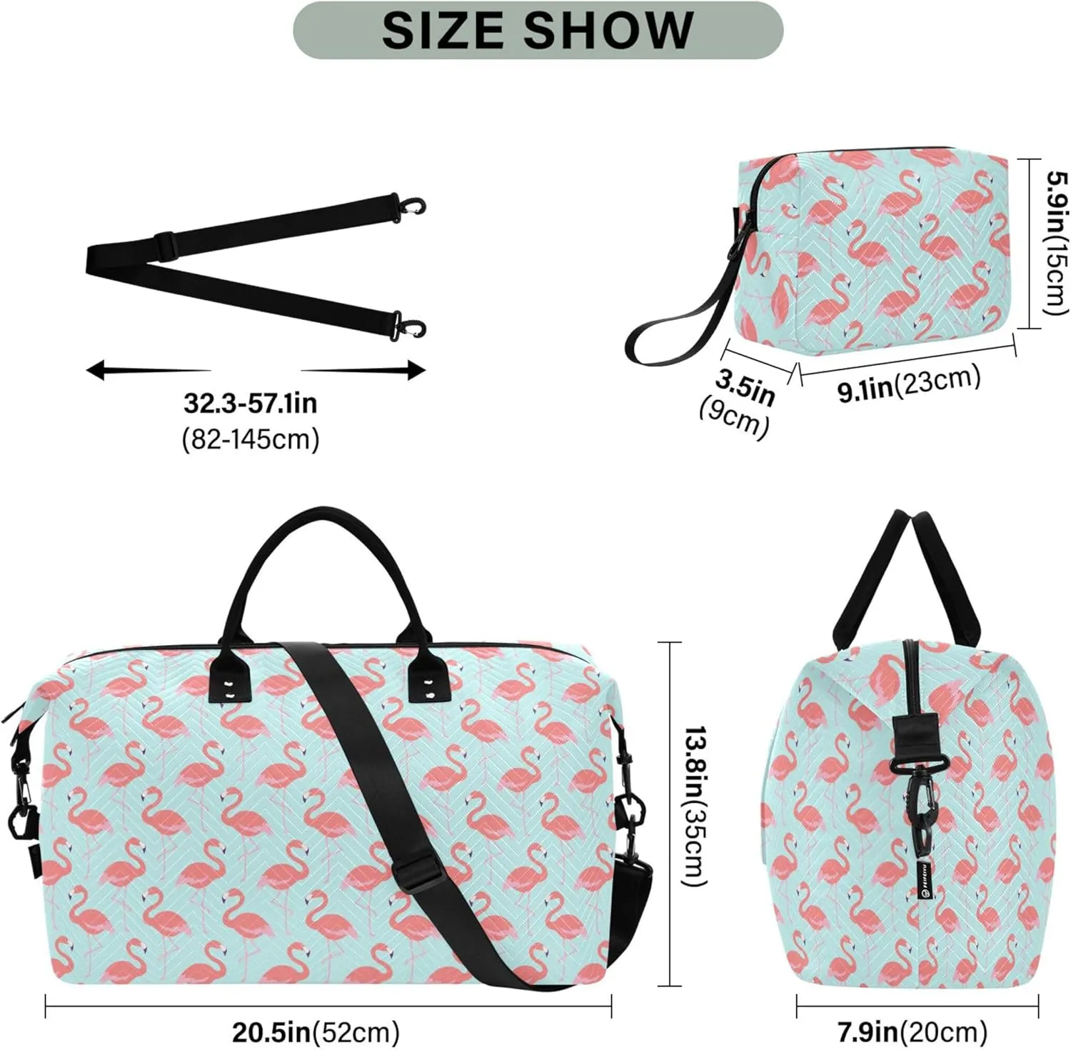 Flamingo Bird Pink Teal Duffle Travel Bags Cosmetic Bags Set, Print Women Gym Tote Bags Carry on Tote