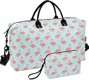 Flamingo Bird Pink Teal Duffle Travel Bags Cosmetic Bags Set, Print Women Gym Tote Bags Carry on Tote
