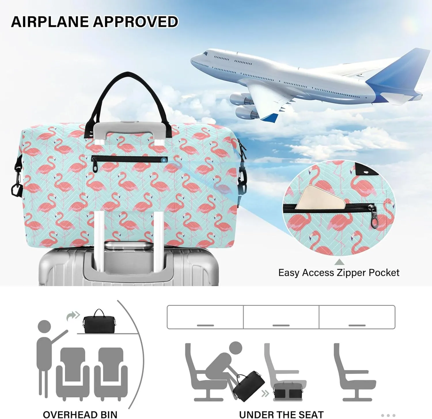 Flamingo Bird Pink Teal Duffle Travel Bags Cosmetic Bags Set, Print Women Gym Tote Bags Carry on Tote