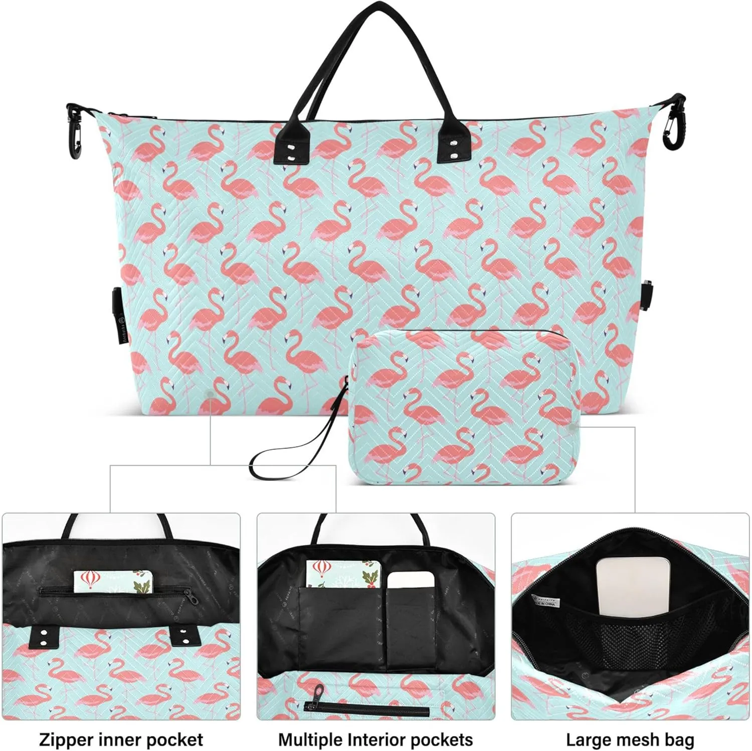 Flamingo Bird Pink Teal Duffle Travel Bags Cosmetic Bags Set, Print Women Gym Tote Bags Carry on Tote