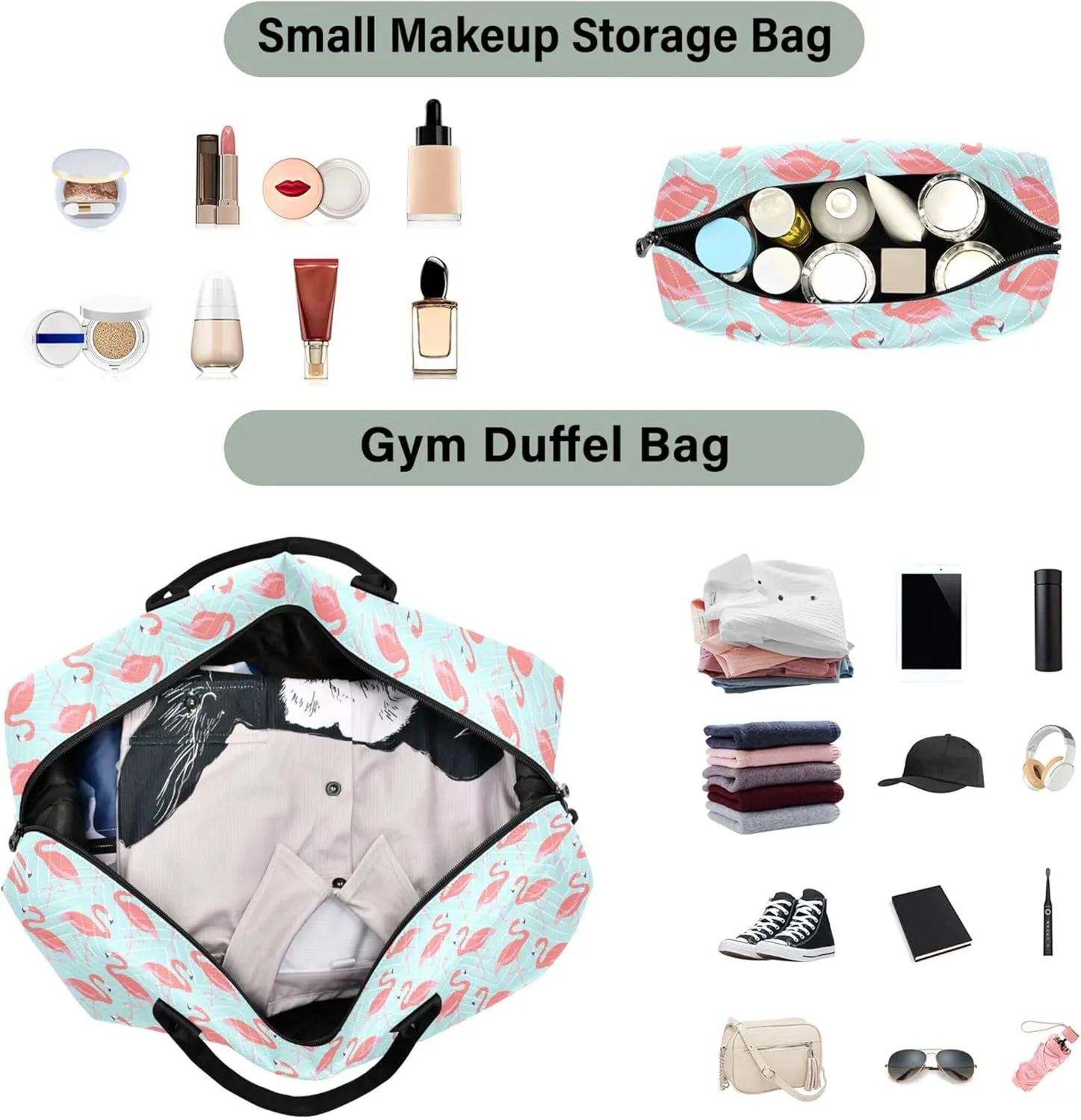 Flamingo Bird Pink Teal Duffle Travel Bags Cosmetic Bags Set, Print Women Gym Tote Bags Carry on Tote