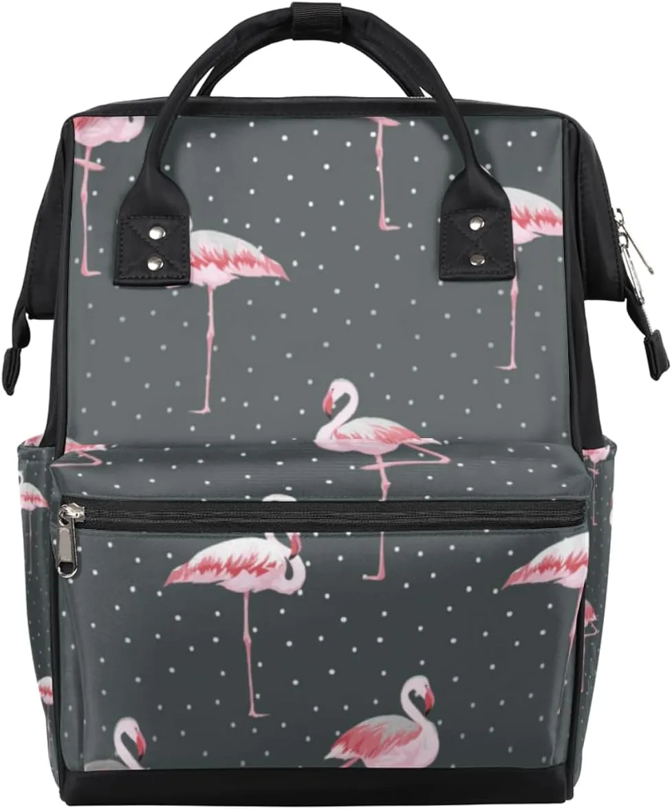 Flamingo Dotted Pattern Diaper Bag Tote Large Capacity Waterproof with Adjustable Shoulder Strap and Pram Straps Mommy Bag for Hospital Beach Weekender Travel
