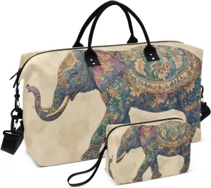 Floral Elephant Beige Travel Duffel Bag with Toiletry Bag Weekender Bag for Carry on Sports Gym Bag for Travel Gym Yoga