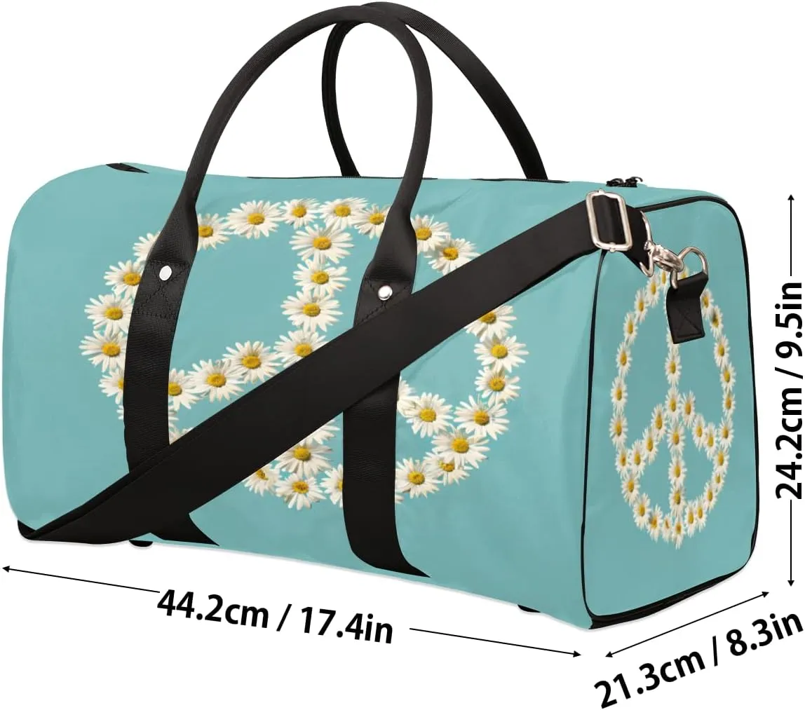 Floral Peace Sign Travel Duffle Bag, Sports Gym Bags for Women Men, Carry On Weekender Overnight Bag, Daisy Workout Hospital Airplane Trips Bag