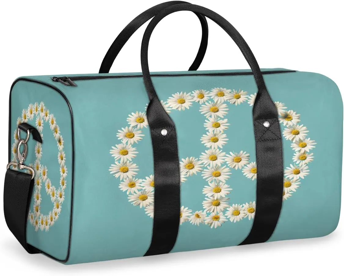 Floral Peace Sign Travel Duffle Bag, Sports Gym Bags for Women Men, Carry On Weekender Overnight Bag, Daisy Workout Hospital Airplane Trips Bag