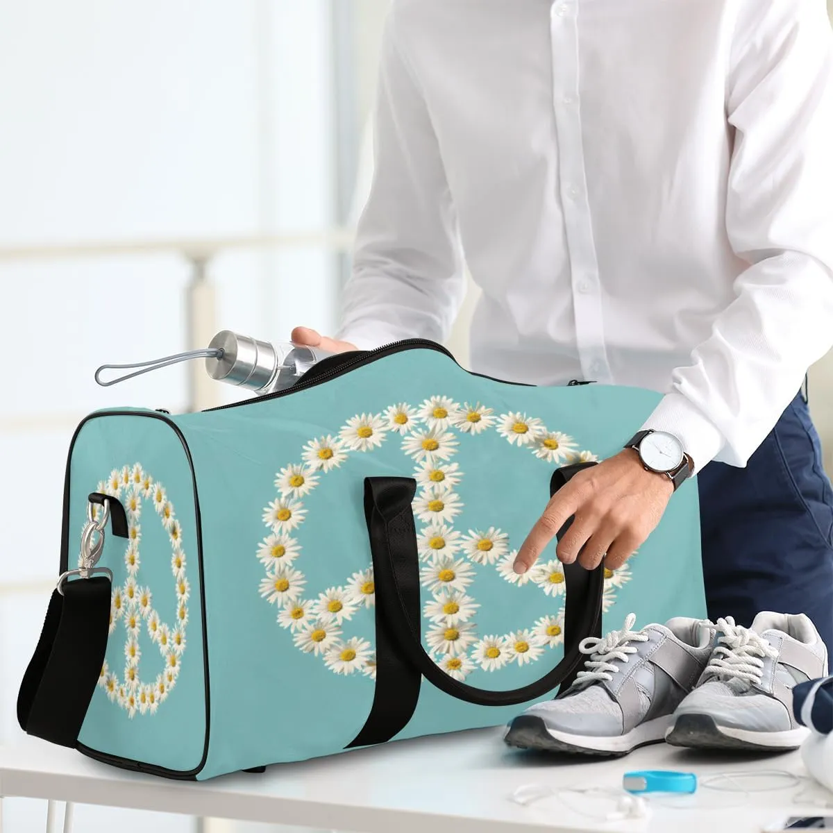 Floral Peace Sign Travel Duffle Bag, Sports Gym Bags for Women Men, Carry On Weekender Overnight Bag, Daisy Workout Hospital Airplane Trips Bag