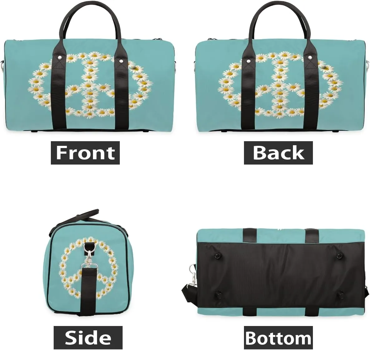 Floral Peace Sign Travel Duffle Bag, Sports Gym Bags for Women Men, Carry On Weekender Overnight Bag, Daisy Workout Hospital Airplane Trips Bag