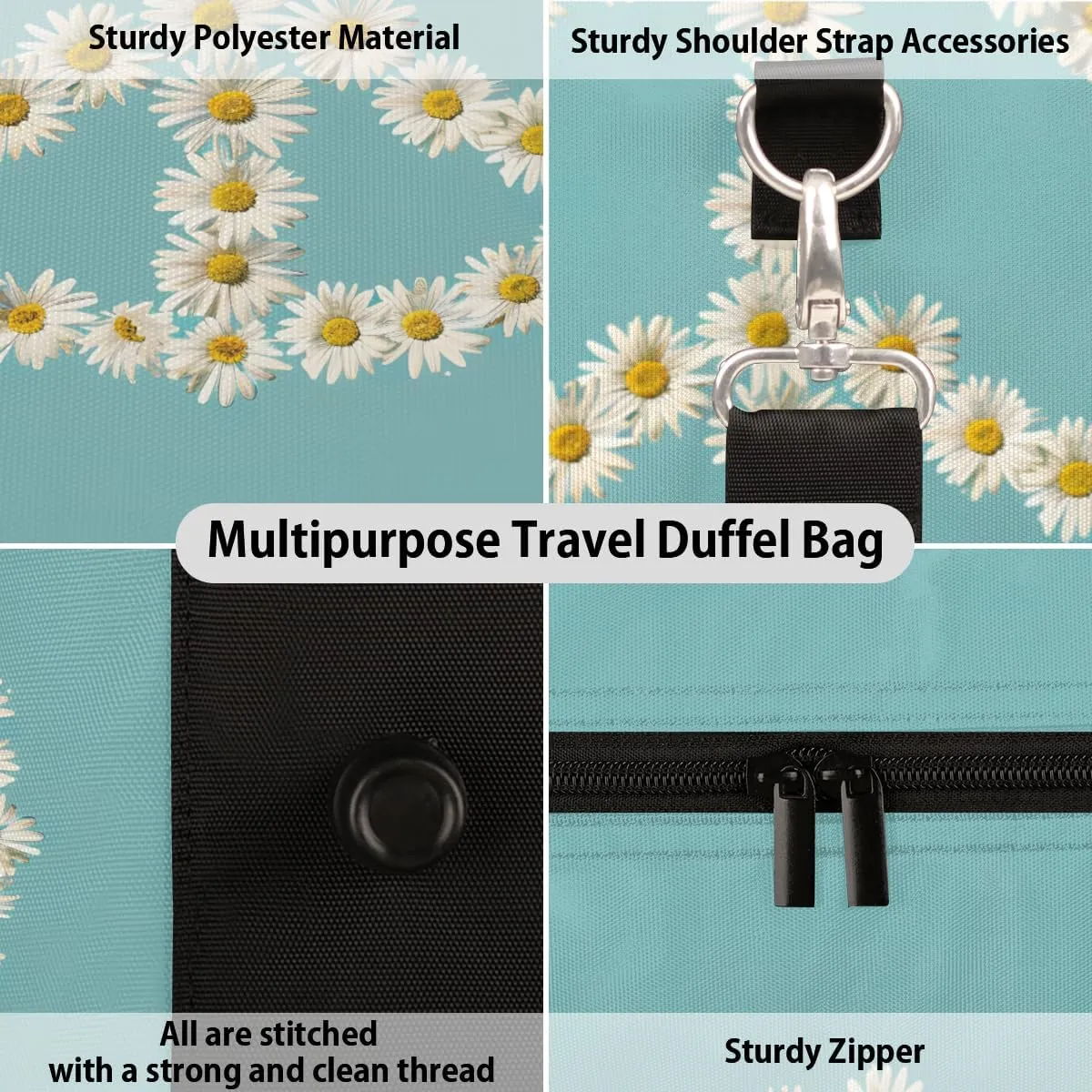 Floral Peace Sign Travel Duffle Bag, Sports Gym Bags for Women Men, Carry On Weekender Overnight Bag, Daisy Workout Hospital Airplane Trips Bag