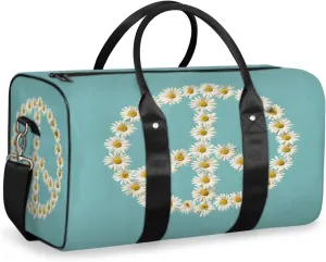 Floral Peace Sign Travel Duffle Bag, Sports Gym Bags for Women Men, Carry On Weekender Overnight Bag, Daisy Workout Hospital Airplane Trips Bag