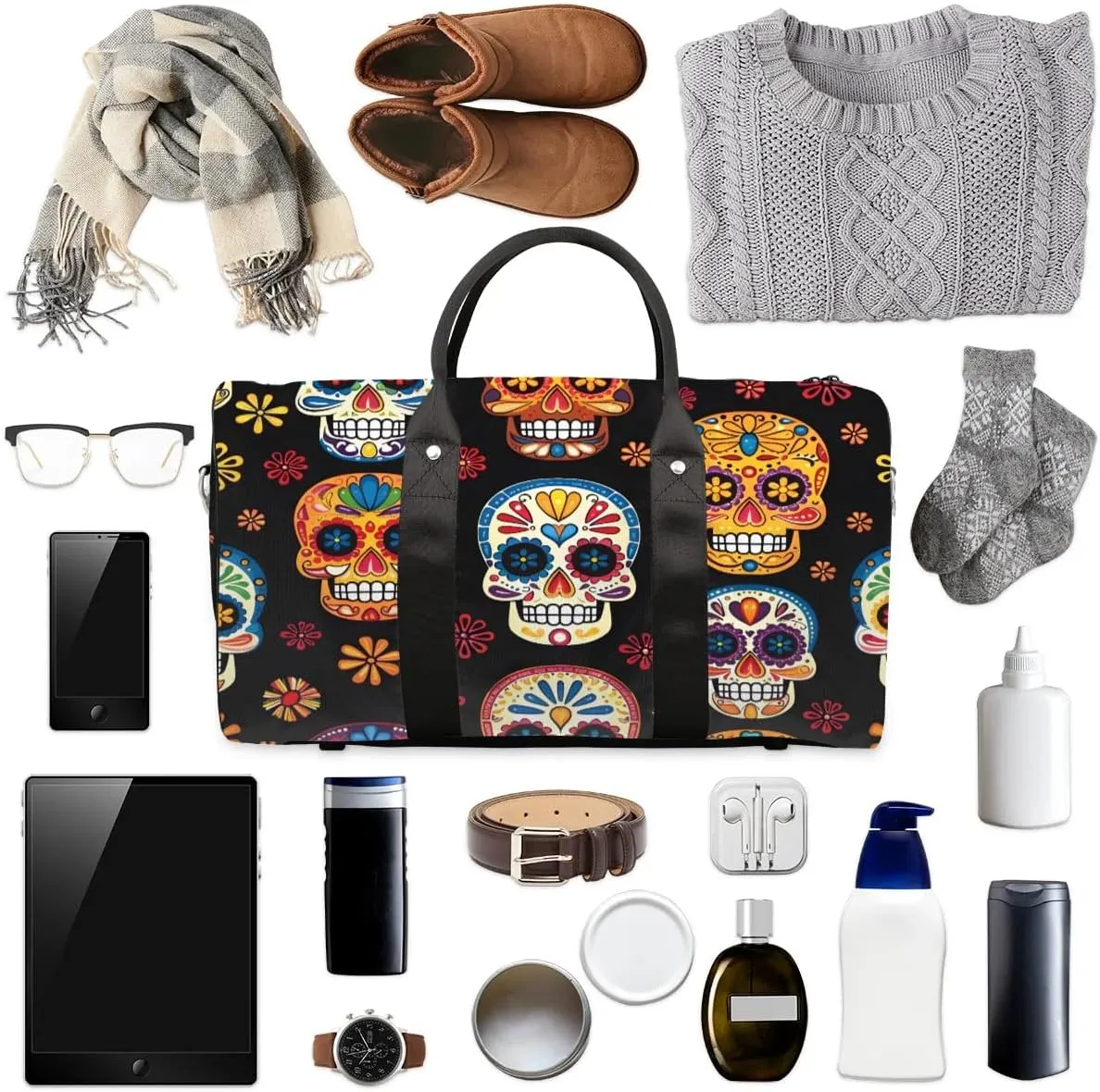 Floral Skull Foldable Lightweight Duffle Bag for Travel - Waterproof Carry On Bags for Airplanes, Travel Duffel Bags for Gym, Weekend
