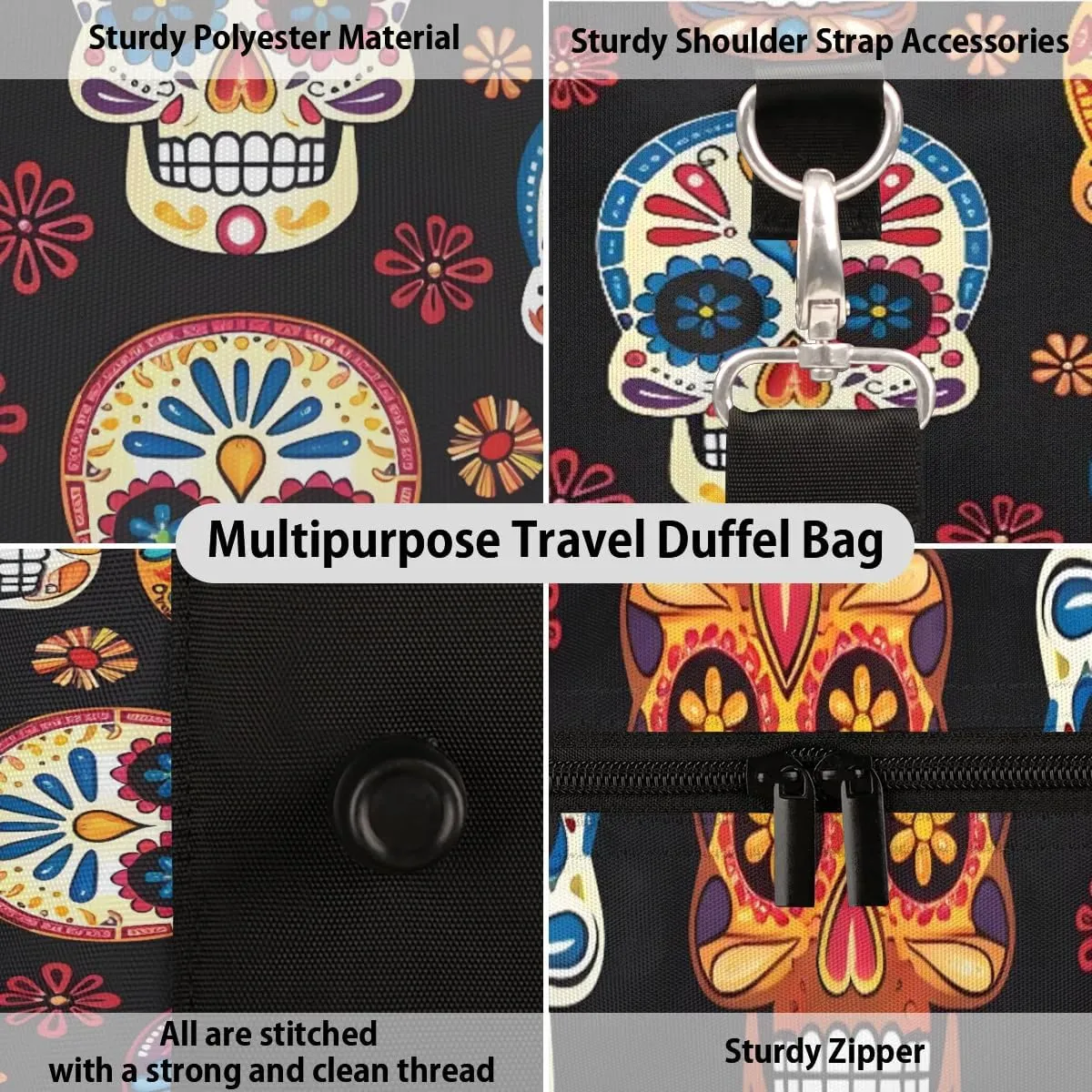 Floral Skull Foldable Lightweight Duffle Bag for Travel - Waterproof Carry On Bags for Airplanes, Travel Duffel Bags for Gym, Weekend