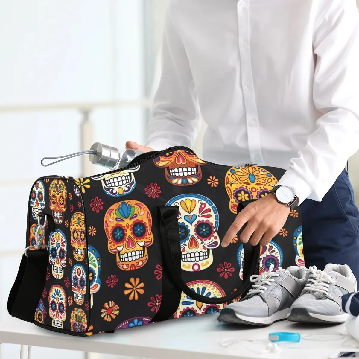 Floral Skull Foldable Lightweight Duffle Bag for Travel - Waterproof Carry On Bags for Airplanes, Travel Duffel Bags for Gym, Weekend