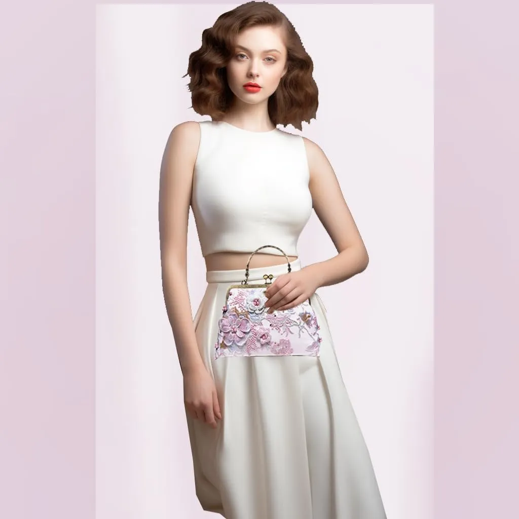 Floral Top-Handle Handbag, Kiss Lock Evening Bag for Women, Vintage Handbag
