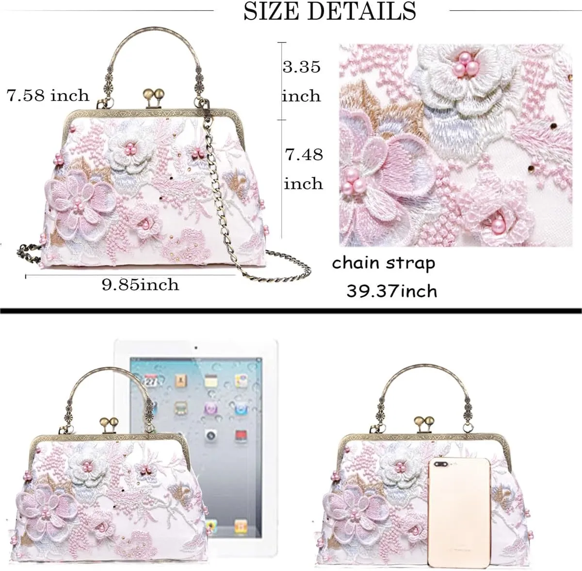 Floral Top-Handle Handbag, Kiss Lock Evening Bag for Women, Vintage Handbag