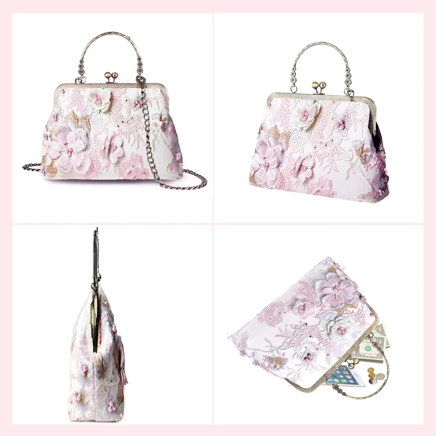 Floral Top-Handle Handbag, Kiss Lock Evening Bag for Women, Vintage Handbag