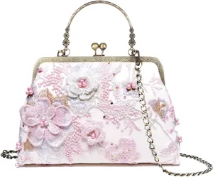Floral Top-Handle Handbag, Kiss Lock Evening Bag for Women, Vintage Handbag