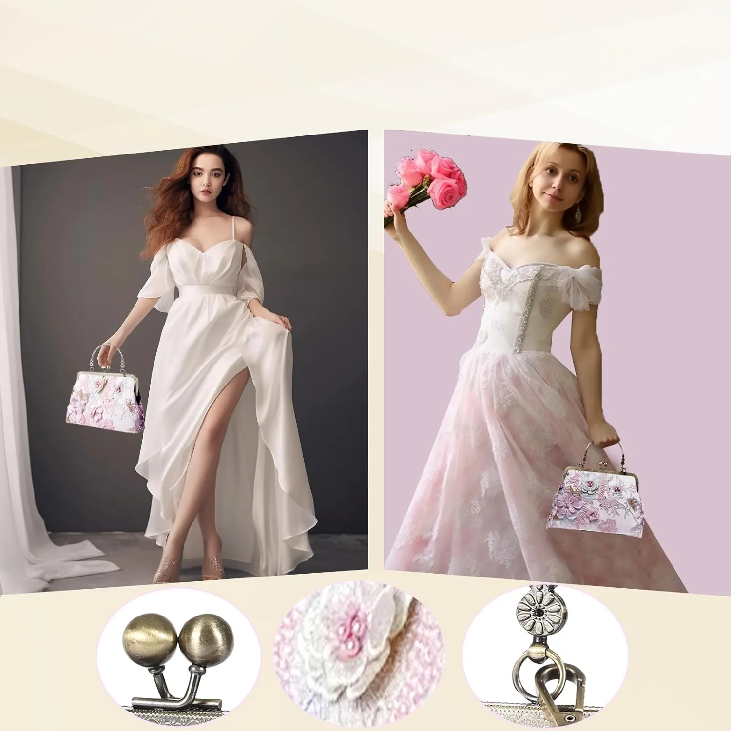 Floral Top-Handle Handbag, Kiss Lock Evening Bag for Women, Vintage Handbag