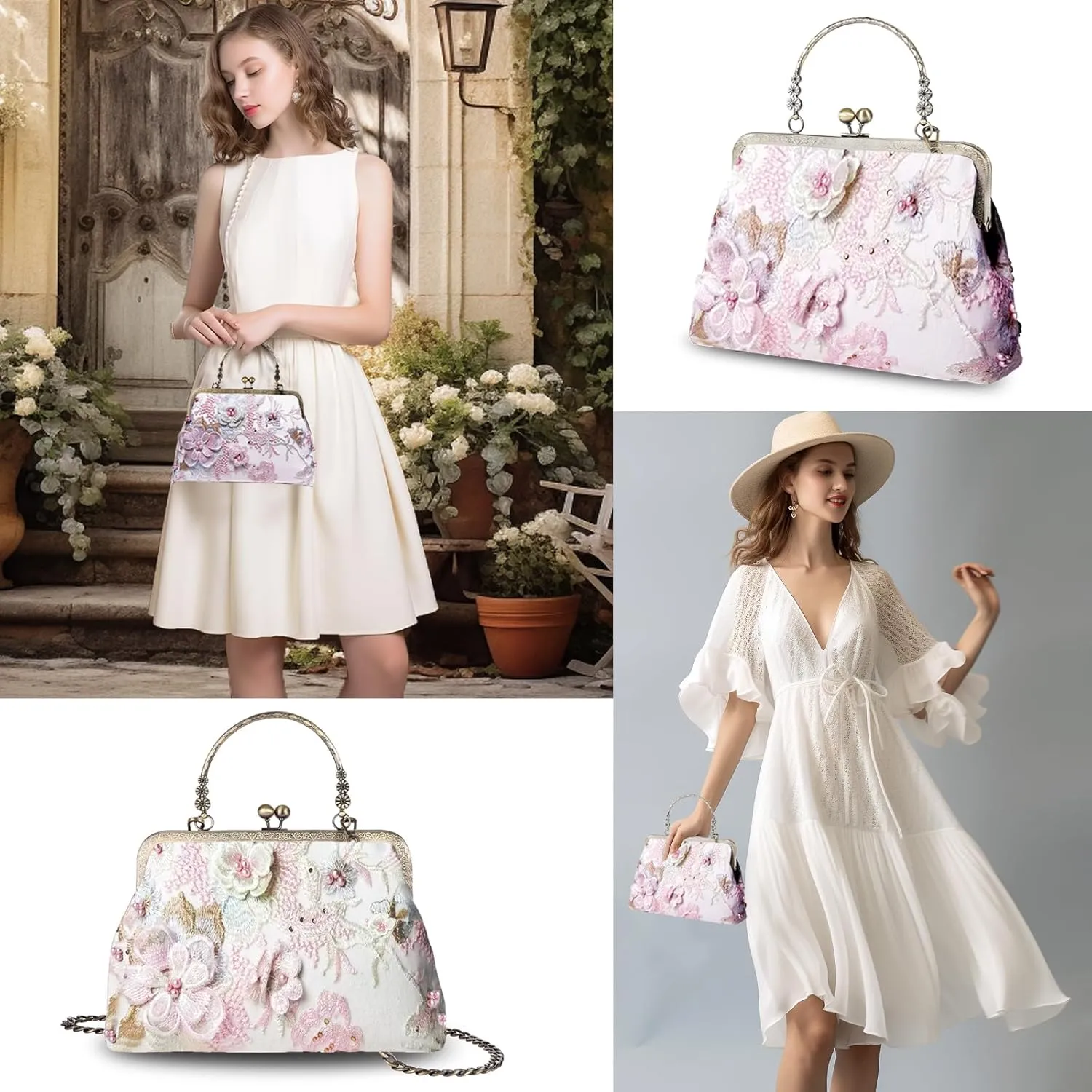 Floral Top-Handle Handbag, Kiss Lock Evening Bag for Women, Vintage Handbag
