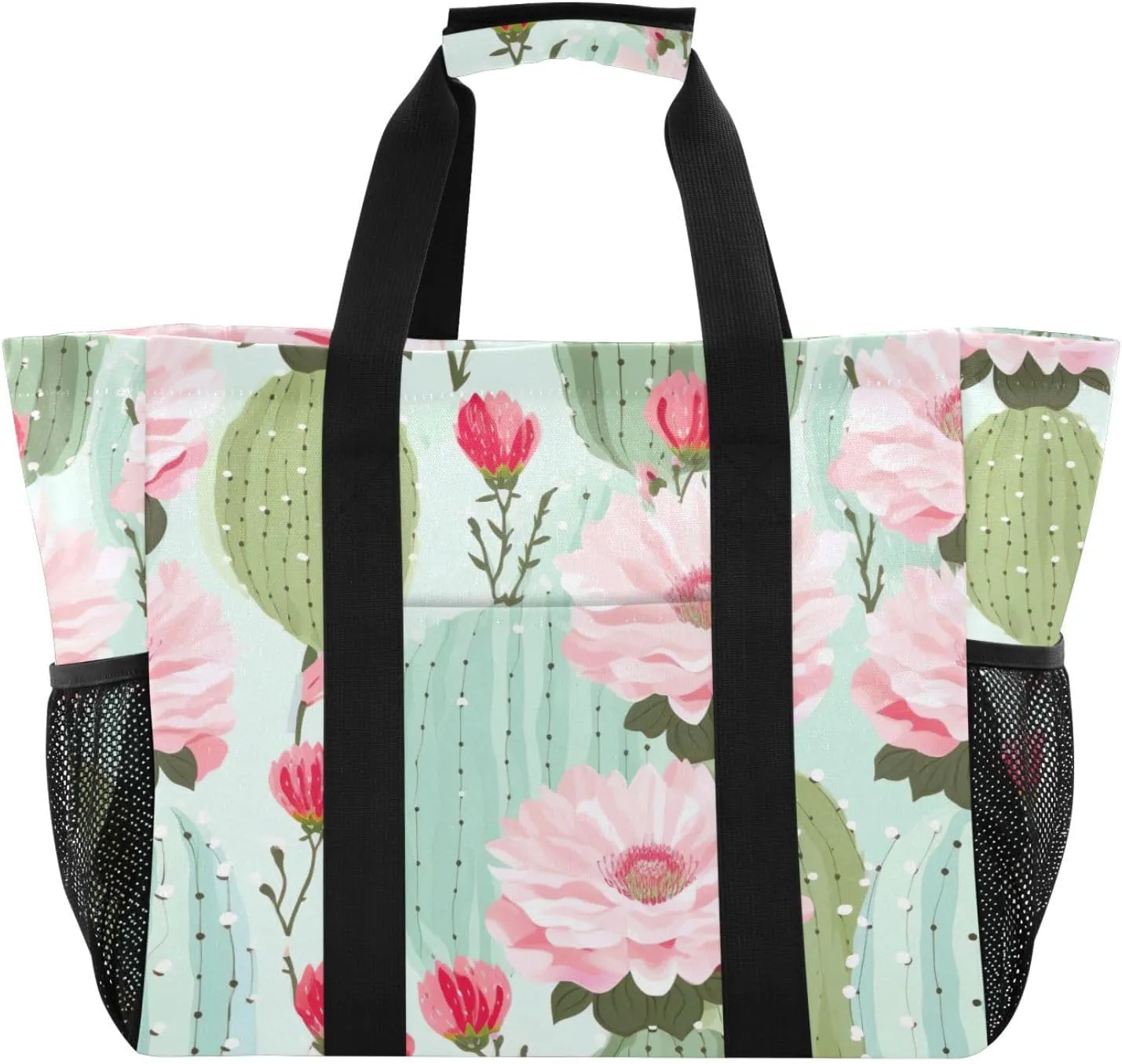 Flower Cactus Succulents Tote Bag for Women with Zipper Large Beach Bags Foldable Totes Work Bag Handbags for Travel Pool Gym Grocery