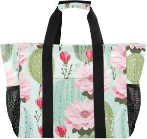 Flower Cactus Succulents Tote Bag for Women with Zipper Large Beach Bags Foldable Totes Work Bag Handbags for Travel Pool Gym Grocery