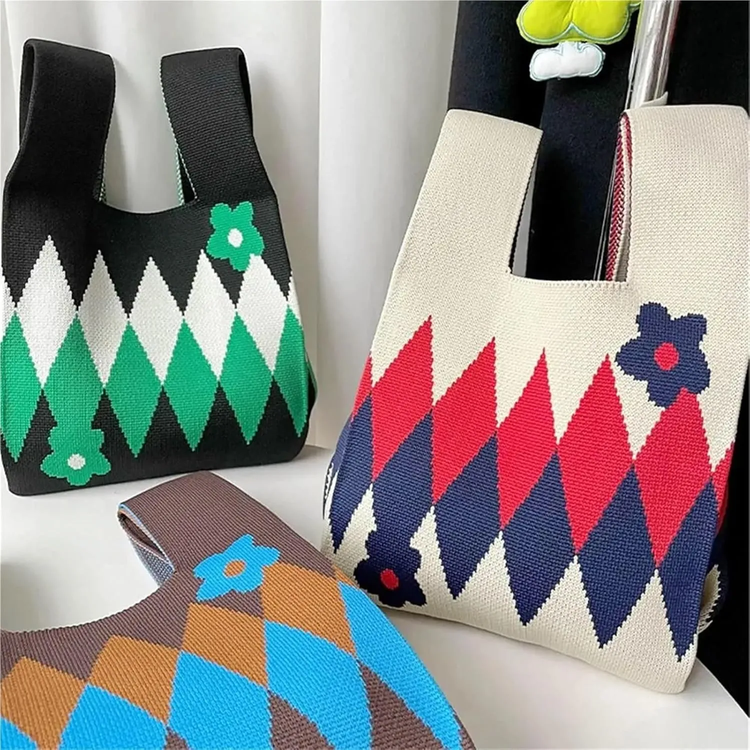 Flower Handmade Knit Handbags Women Knot Wrist Bag Casual Small Tote Bag Girls Reusable Shopping Bags For Women