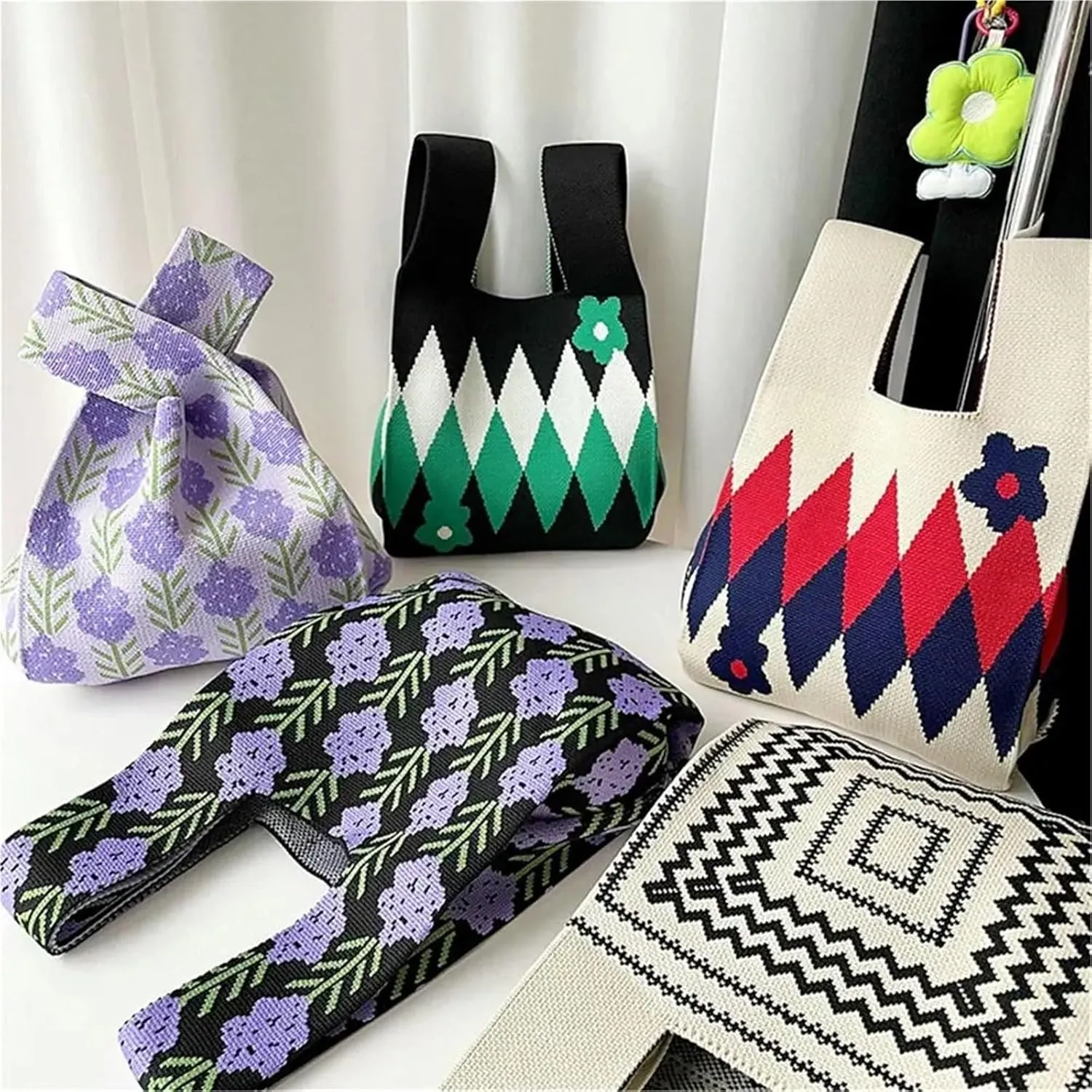 Flower Handmade Knit Handbags Women Knot Wrist Bag Casual Small Tote Bag Girls Reusable Shopping Bags For Women