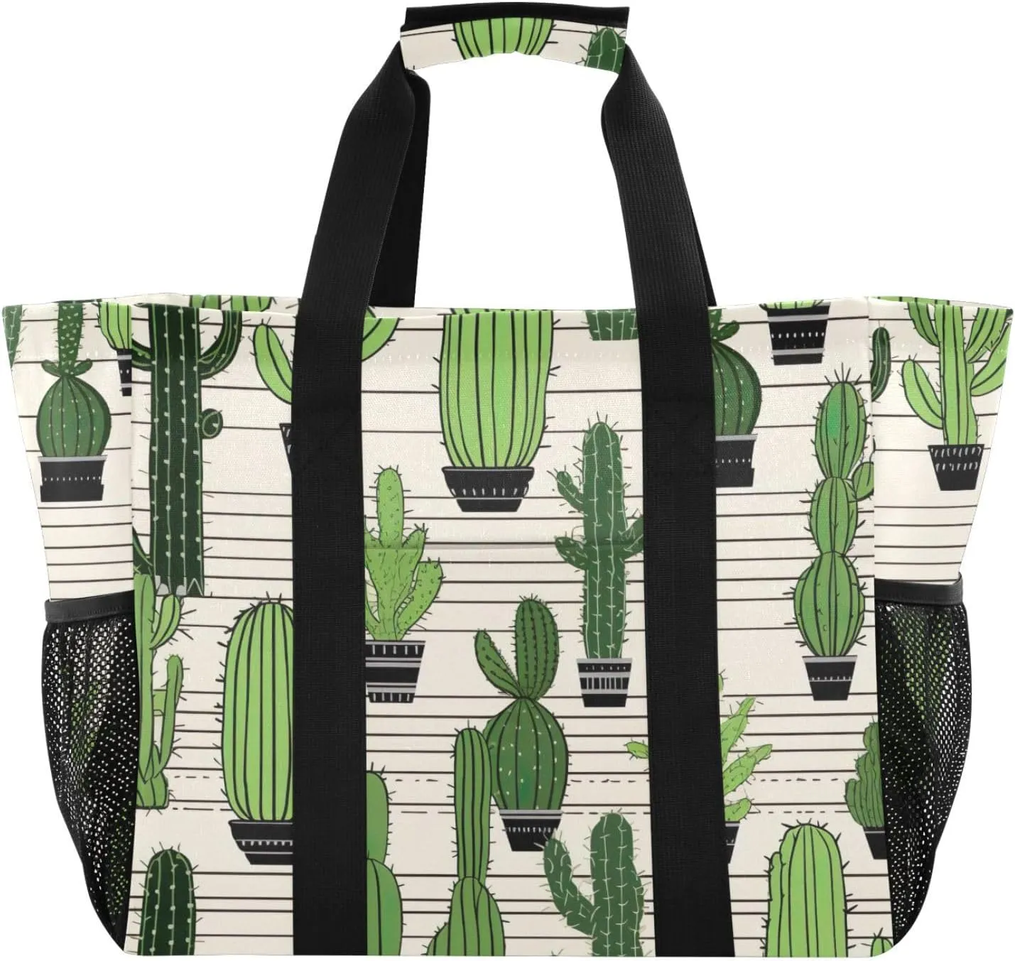 Flower Succulents Cactus Stripe Tote Bag for Women with Zipper Large Beach Bags Foldable Work Bag Handbags Totes for Gym Pool Grocery Travel