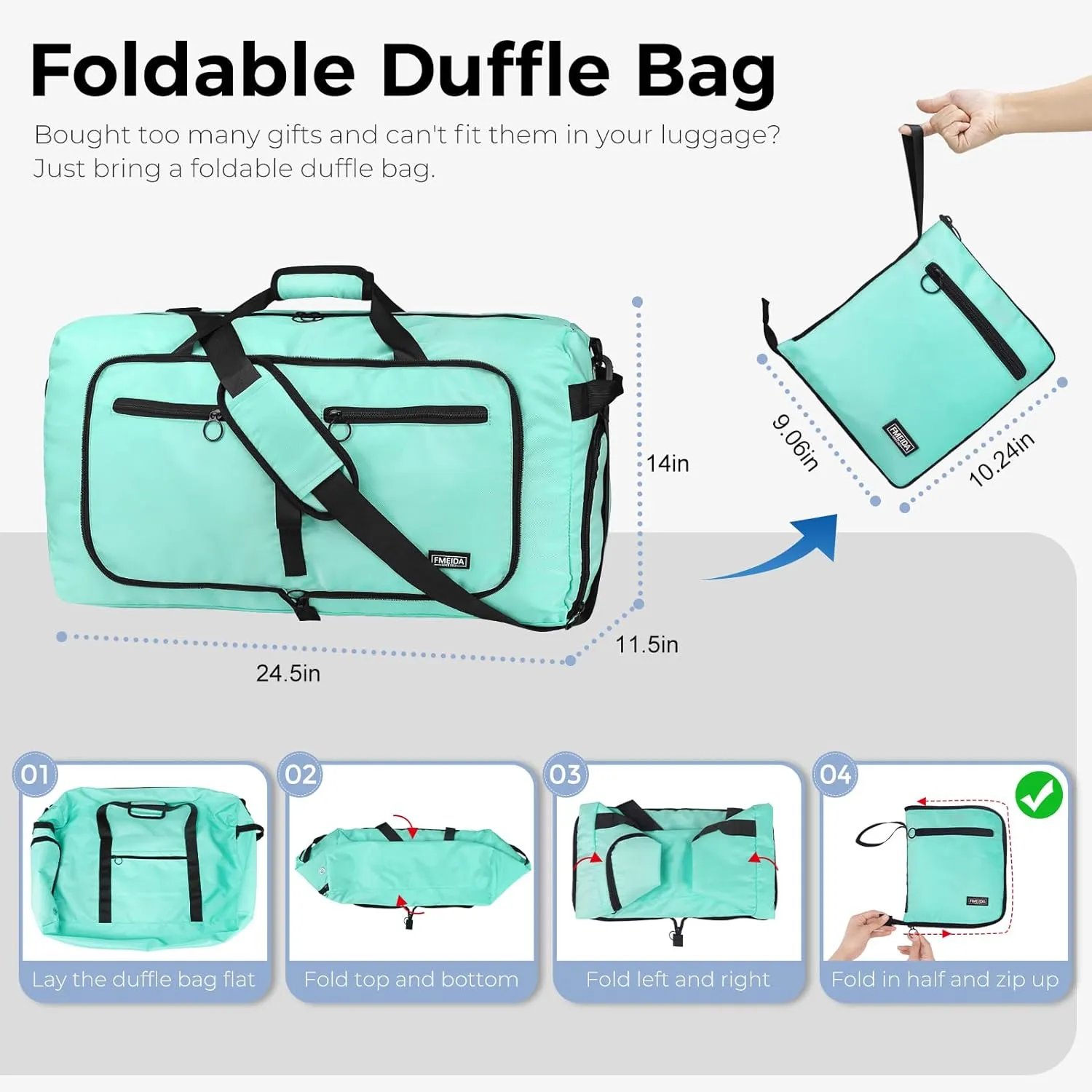 Fmeida 65L Duffle Bag with Shoes Compartment, Foldable Travel Duffel Bags for Men Women, Large Packable Travel Bag Water Repellent & Tear Resistant (Mint Green)