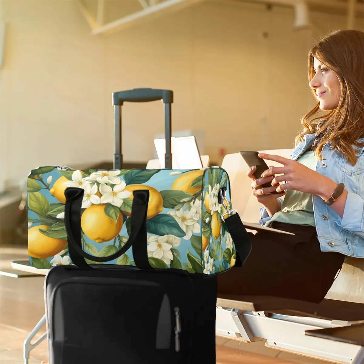 Foldable Travel Bag Cute Yellow Lemon Lightweight Carry On Bags for Airplanes Waterproof Travel Duffle Bag For Gym Weekend Overnight