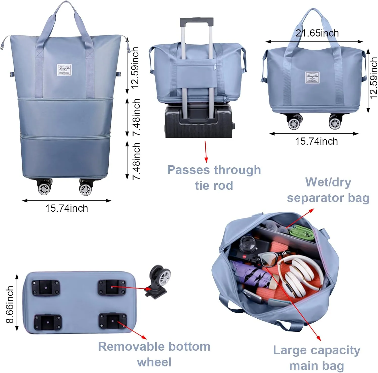Foldable Travel Bag, Expandable Duffel Bag Suitcase, Detachable Rolling Wheels, Carry-on Large Duffel Bag, Luggage Bag, Suit Gym, Camping or Business Trip (Blue)