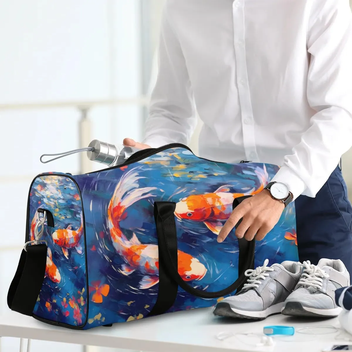Foldable Travel Bag Fish Oil Painting Lightweight Carry On Bags for Airplanes Waterproof Travel Duffle Bag For Gym Weekend Overnight