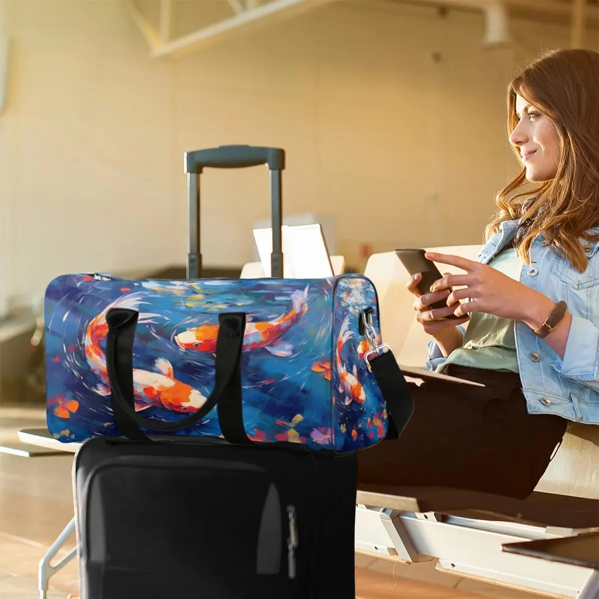 Foldable Travel Bag Fish Oil Painting Lightweight Carry On Bags for Airplanes Waterproof Travel Duffle Bag For Gym Weekend Overnight