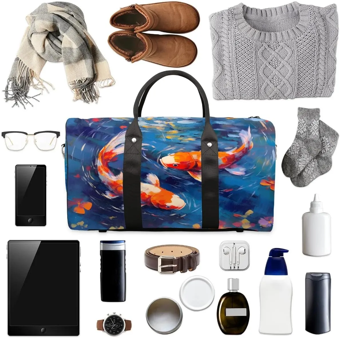 Foldable Travel Bag Fish Oil Painting Lightweight Carry On Bags for Airplanes Waterproof Travel Duffle Bag For Gym Weekend Overnight