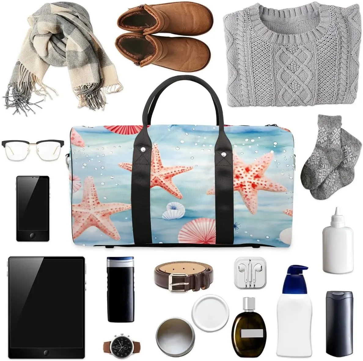 Foldable Travel Bag Seashell Starfish Print Lightweight Carry On Bags for Airplanes Waterproof Travel Duffle Bag For Gym Weekend Overnight