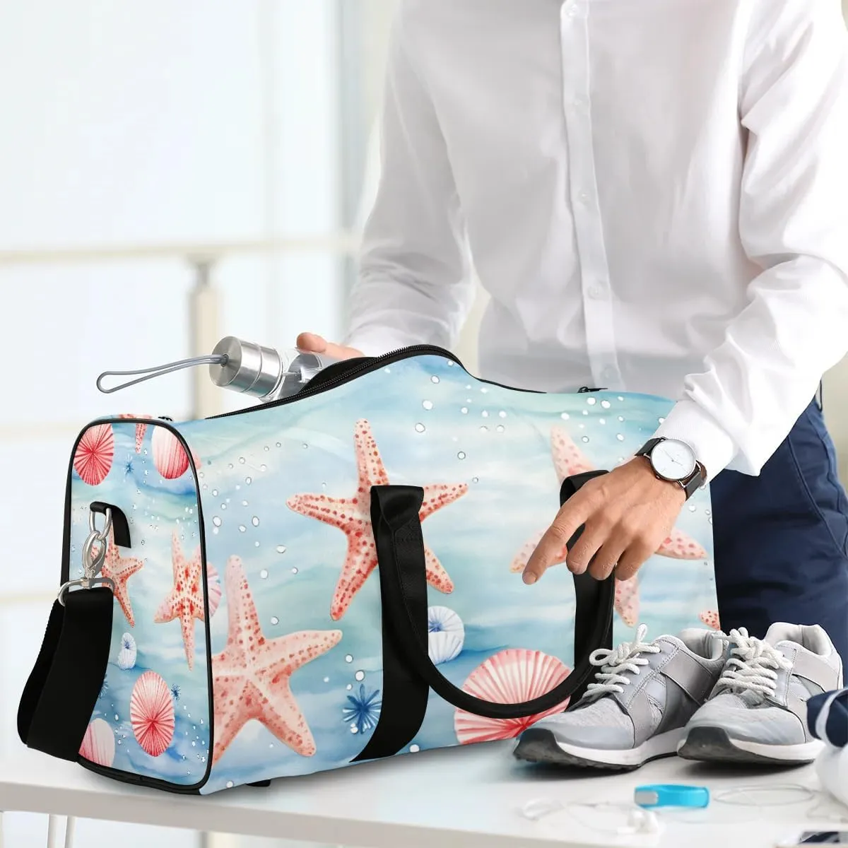 Foldable Travel Bag Seashell Starfish Print Lightweight Carry On Bags for Airplanes Waterproof Travel Duffle Bag For Gym Weekend Overnight
