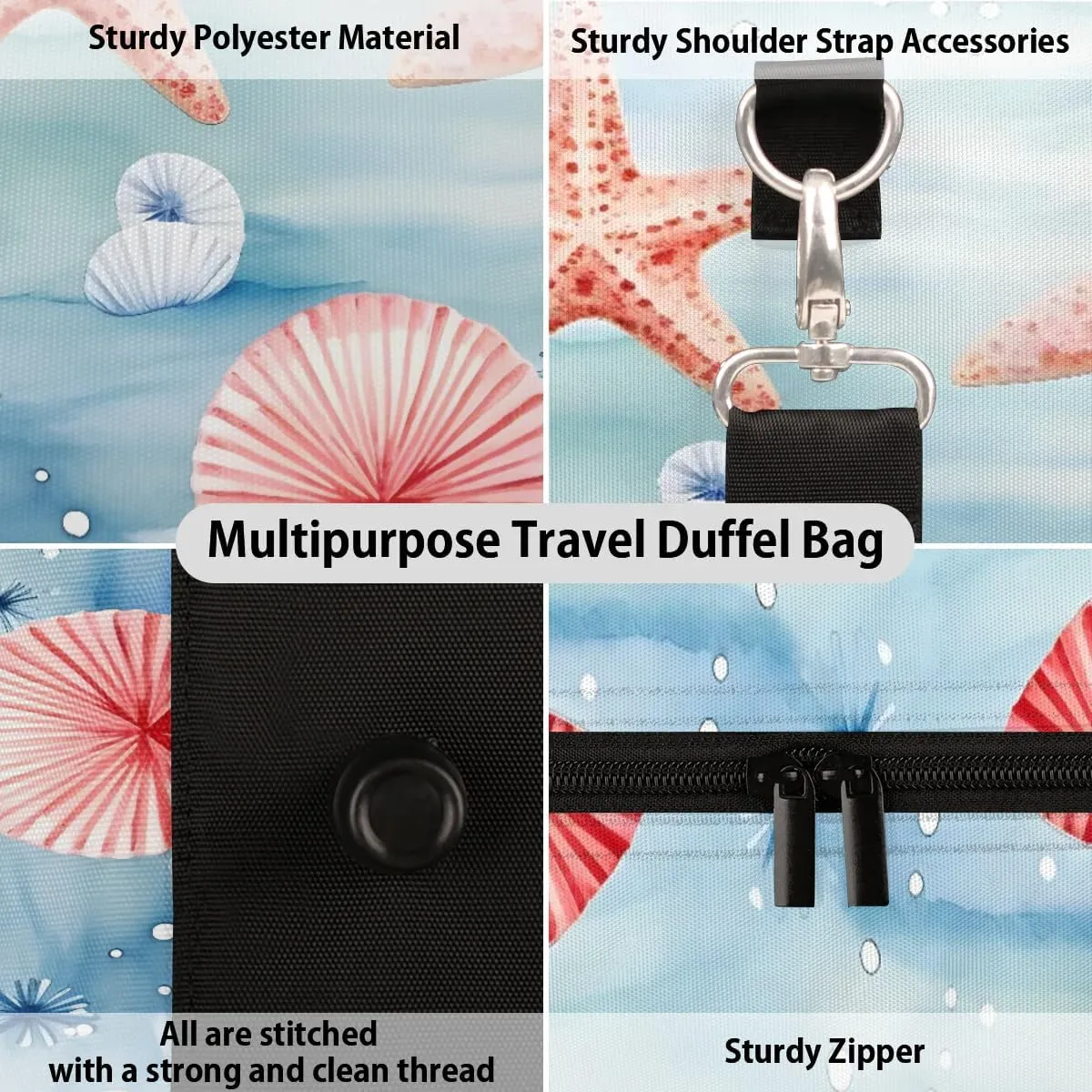 Foldable Travel Bag Seashell Starfish Print Lightweight Carry On Bags for Airplanes Waterproof Travel Duffle Bag For Gym Weekend Overnight
