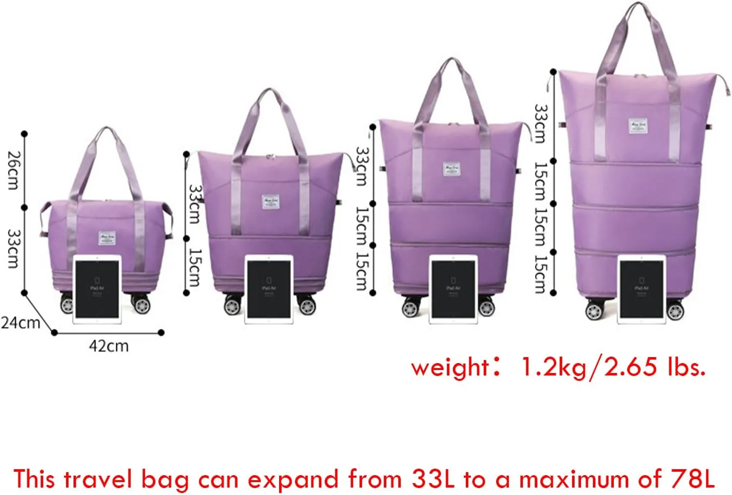 Foldable Travel Duffel Bag, Expandable Rolling Duffle Bag Waterproof Sports Tote Gym Bag Rolling Luggage Bag Carry Bag for Men Women without Telescoping Handle